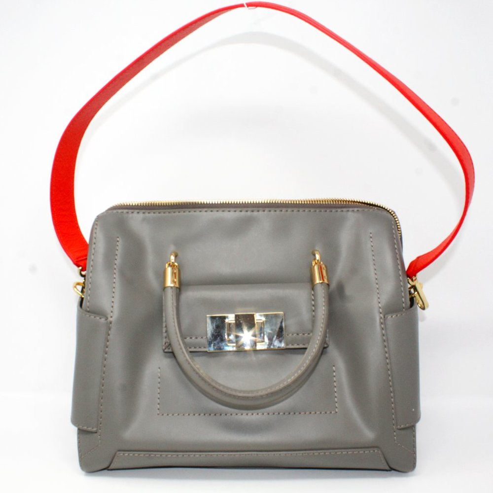 Sass & Bide Satchel Bag The Ember  Gray Pocketed Zippered Orange Strap Purse Lux